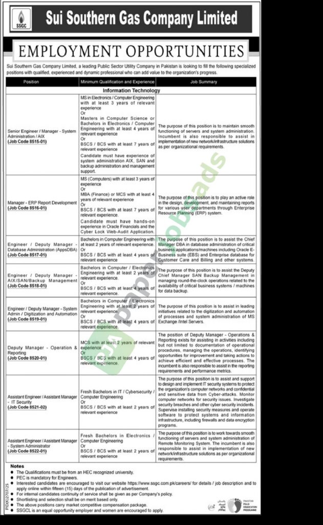 Job Vacancy - Senior Engineer / Manager - System Administrator / AIX - Sui Southern Gas Company Limited - Sui Southern Gas Company Limited