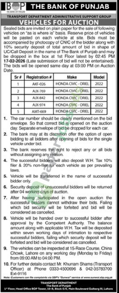 Tender Notice - Vehicles For Auction - BANK OF PUNJAB