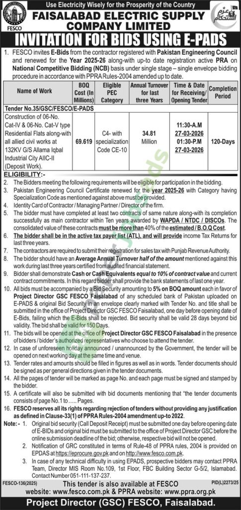 Tender Notice - Construction & Civil Work - FESCO