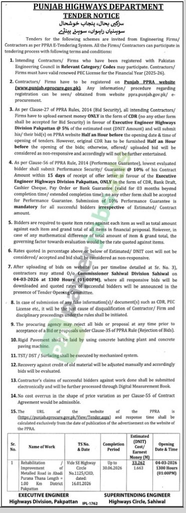 Rehabilitation / Improvement of Metalled Road - Punjab Highways Department
