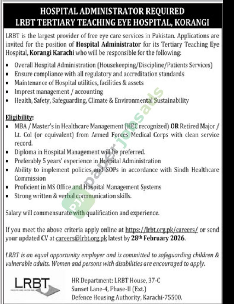 Hospital Administrator - LRBT TERTIARY TEACHING EYE HOSPITAL