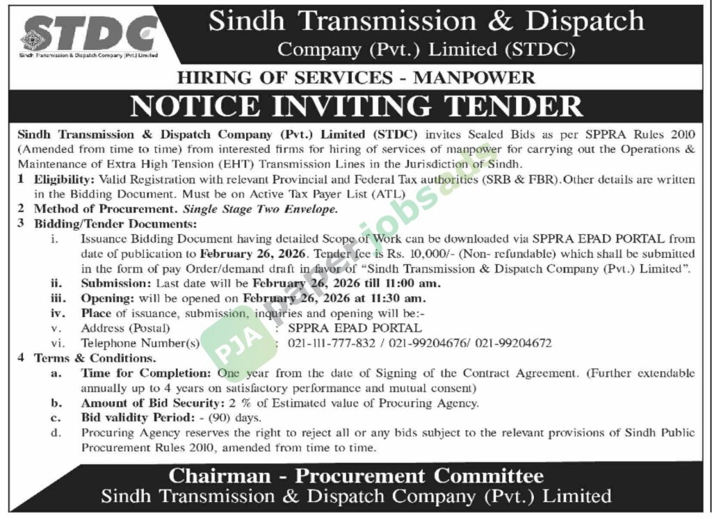 Tender Notice - Hiring of Services of Manpower - Sindh - Sindh Transmission & Dispatch Company (Pvt.) Limited