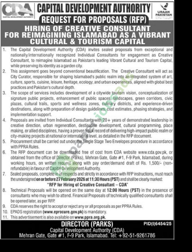 Tender Notice - Hiring of Creative Consultant - CAPITAL DEVELOPMENT AUTHORITY