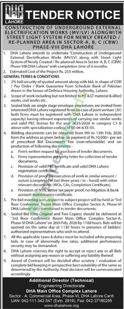 Tender Notice - Construction of underground external electrification works - DHA