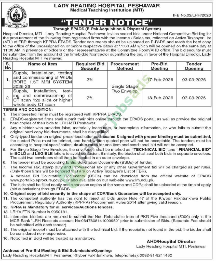 Tender Notice - MRI 1.5 T and 128-slice CT scan systems - Lady Reading Hospital