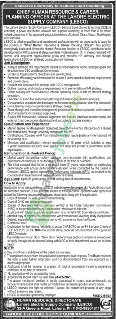 Job Vacancy - Chief Human Resource & Career Planning Officer at the Lahore Electric Supply Company - LESCO