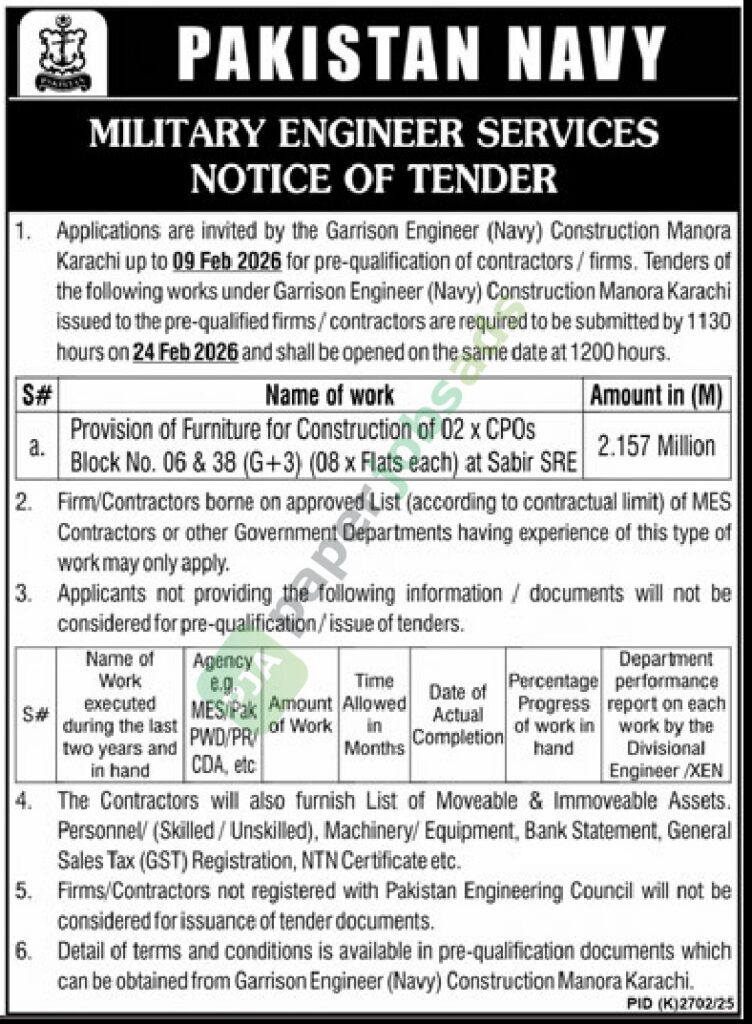 Tender Notice - Provision of Furniture for Construction - PAKISTAN NAVY