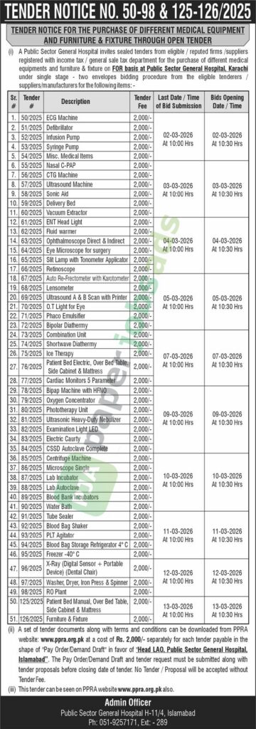 Tender Notice - Purchase of different medical equipments - Karachi - Public Sector General Hospital
