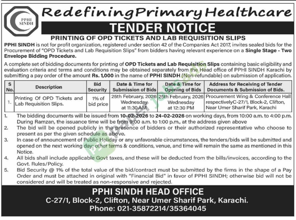 Tender Notice for Printing of Outpatient Department (OPD) tickets and laboratory requisition slips. - PPHI SINDH