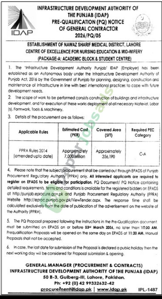 Pre-Qualification notice of General Contractor - 2026/PQ/05 - INFRASTRUCTURE DEVELOPMENT AUTHORITY OF