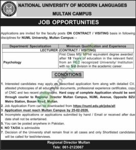 Job Vacancy - Lecturer Psychology - NATIONAL UNIVERSITY OF MODERN LANGUAGES