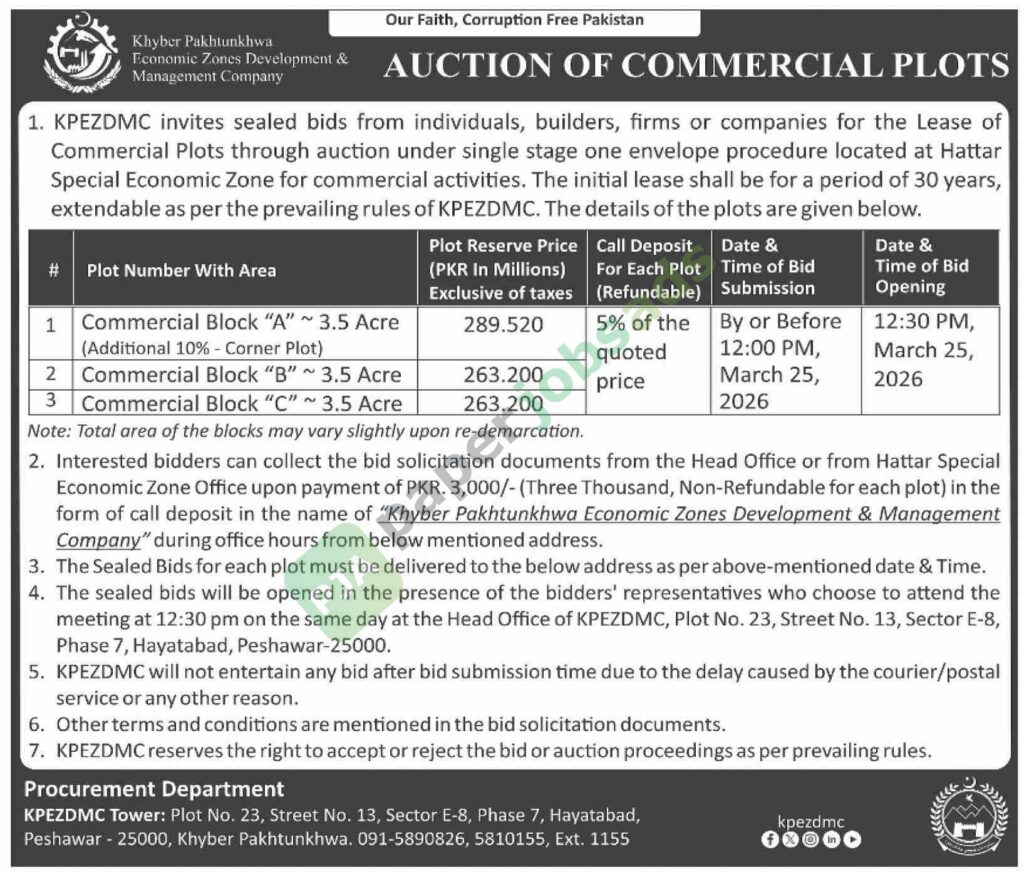 Tender Notice - Auction of Commercial Plots - KPEZDMC