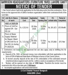 Tender Notice - Provision of Unit Furniture Against Dft-Gar HQ - Garrison Headquarters