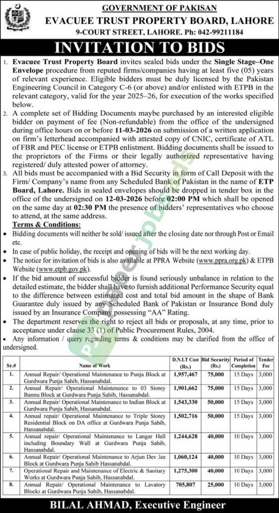 Annual Repair / Operational Maintenance - Evacuee Trust Property Board