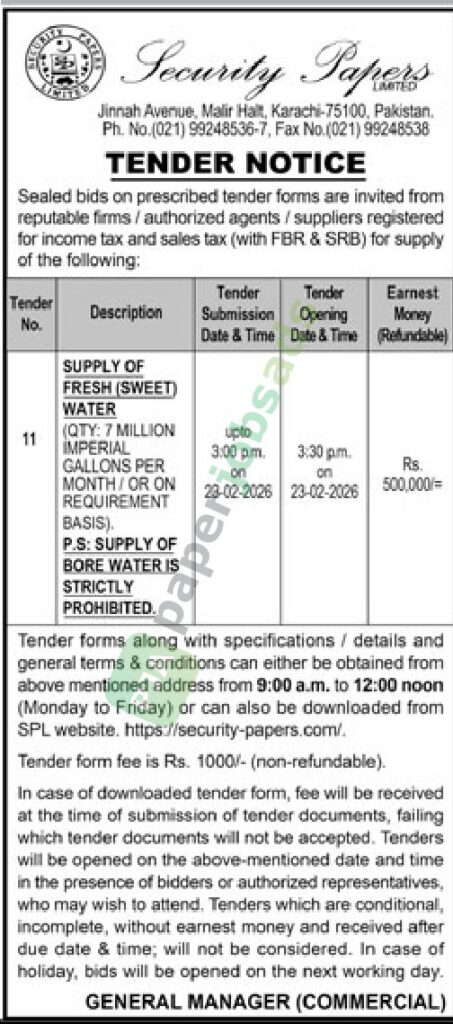 Tender Notice - Supply of Fresh Water - Security Papers