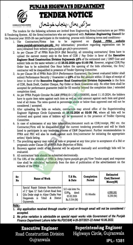 Special Repair Estimate Reconstruction - PUNJAB HIGHWAYS DEPARTMENT