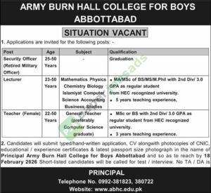 Job Vacancy - Security Officer / Lecturer / Teacher - ARMY BURN HALL COLLEGE FOR BOYS