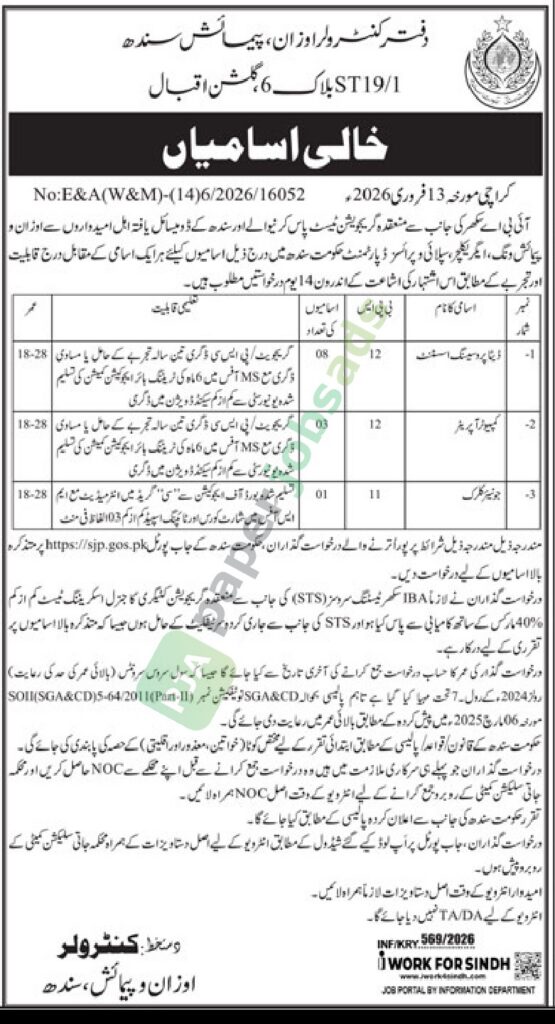 Job Vacancy - Data Processing Assistant / Computer Operator / Junior Clerk - Office of the Controller of Weights and Measures, Sindh