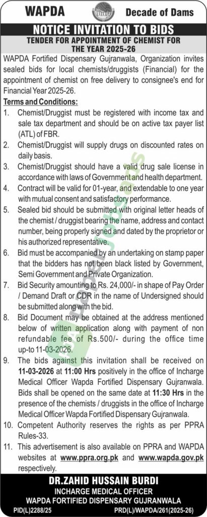 Tender Notice - Appointment Of Chemist - WAPDA Fortified Dispensary - WAPDA