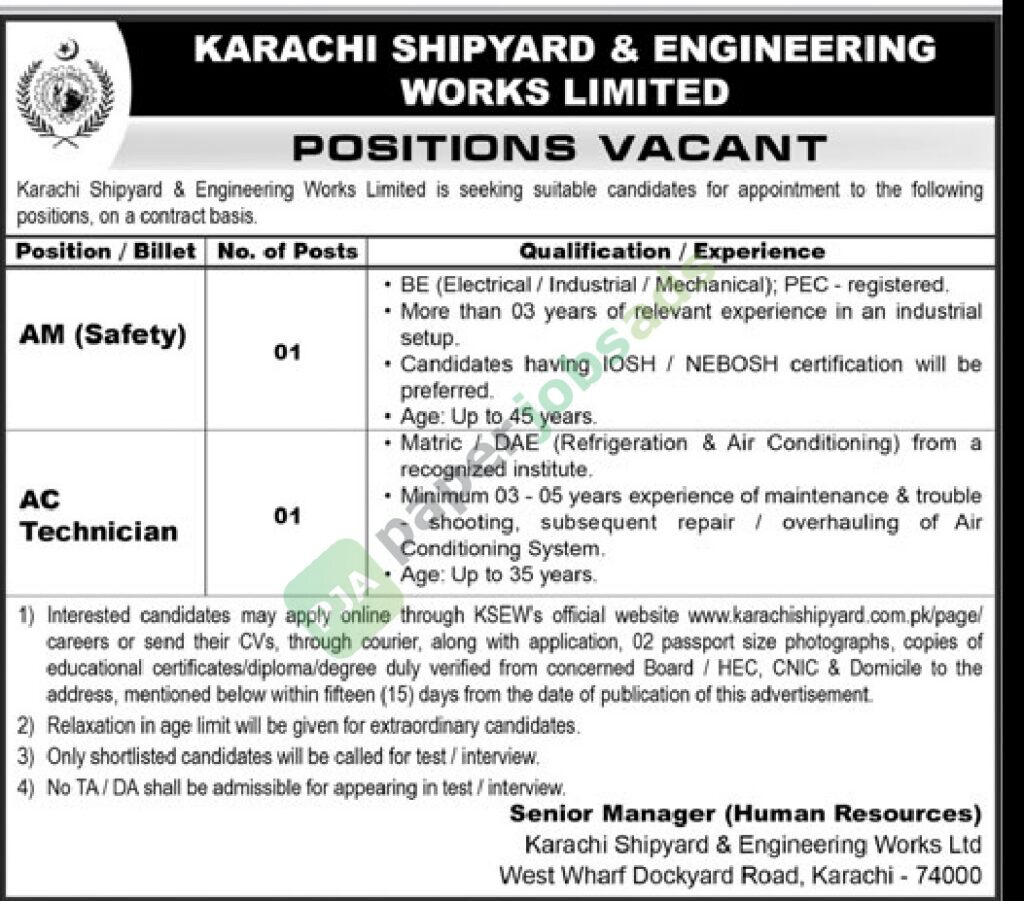 AC Technician / AM (Safety - Karachi Shipyard & Engineering Works Limited