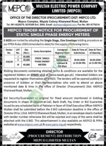 Static Single Phase Energy Meters - Multan Electric Power COMPANY LIMITED (MEPCO)