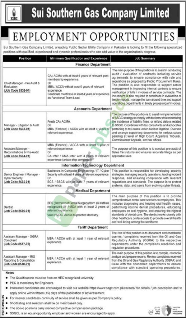 Chief Manager / Senior Engineer / Manager / Dentist - Sui Southern Gas Company Limited