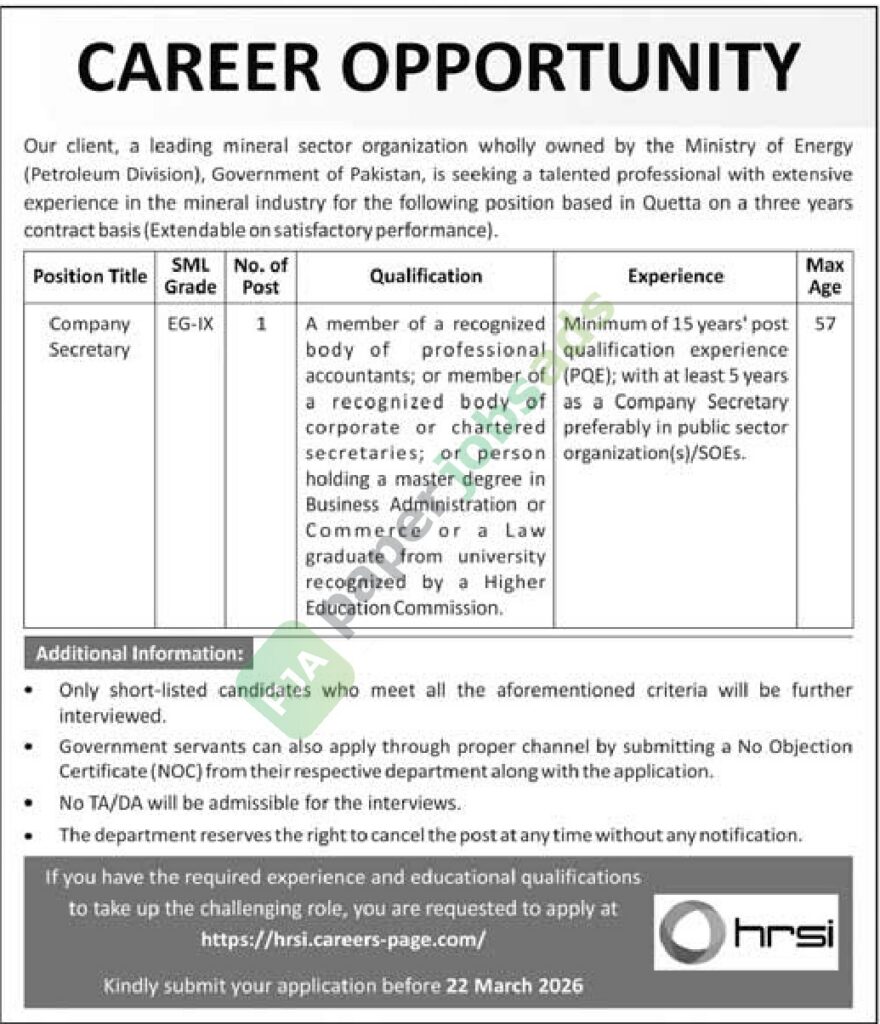 Secretary (EG-IX) - Mineral Sector Organization