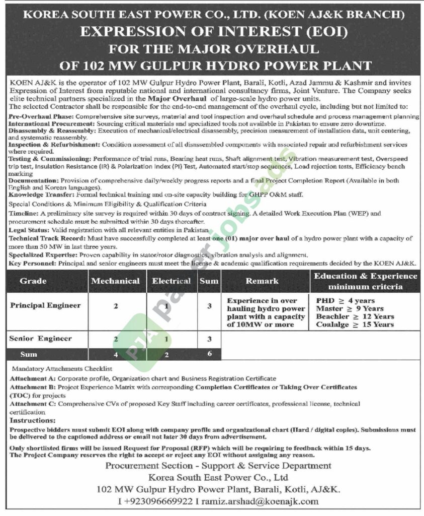 Principla Engineer / Senior Engineer - KOREA SOUTH EAST POWER CO., LTD. (KOEN AJ&K BRANCH)