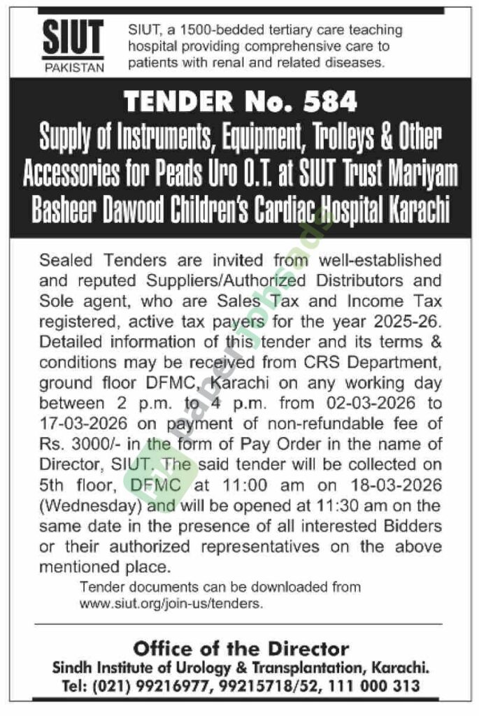 Supply of Instruments, Equipment, Trolleys & other Accessories for Peads - SIUT