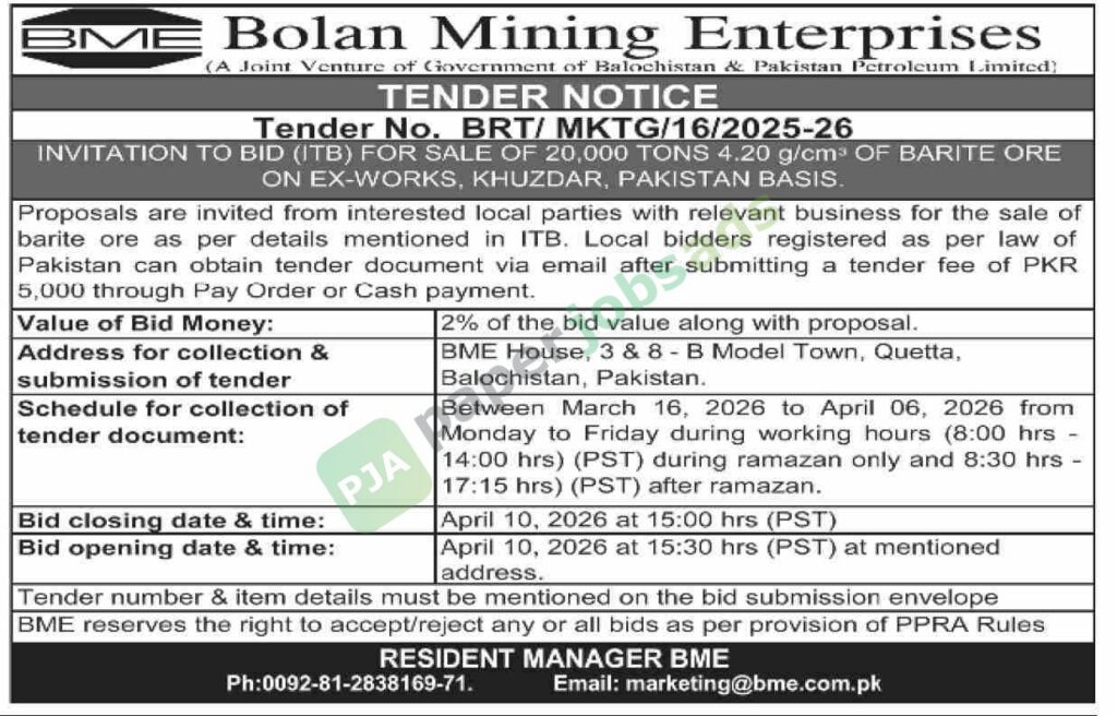 Sale Of barite ore - Bolan Mining Enterprises - BME