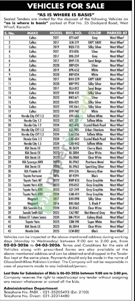 Disposal Of The Vehicles - VEHICLES FOR SALE - GlaxoSmithKline (GSK) Pakistan Limited