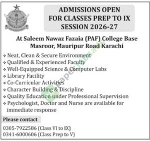 Session 2026-27 - Classes Prep to IX - Saleem Nawaz Fazaia (PAF) College Base Masroor