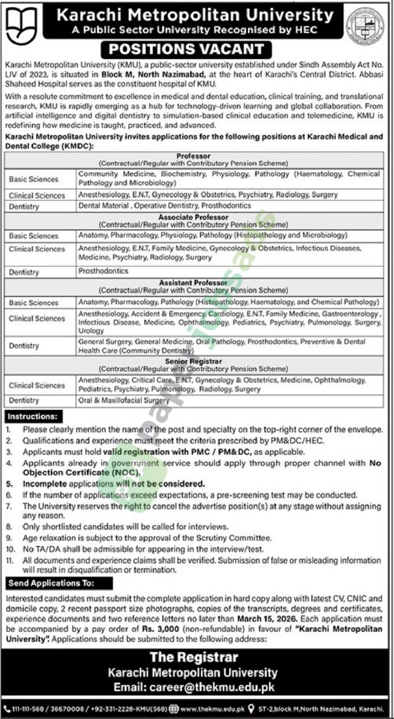 Professor / Associate Professor / Assistant Professor - Karachi Metropolitan University