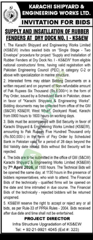 Supply And Installation of Rubber Fenders - Karachi Shipyard & Engineering Works Limited