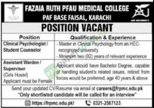 Clinical Psychologist / Student Counselor / Assistant Warden / Supervisor - FAZAIA RUTH PFAU MEDICAL COLLEGE