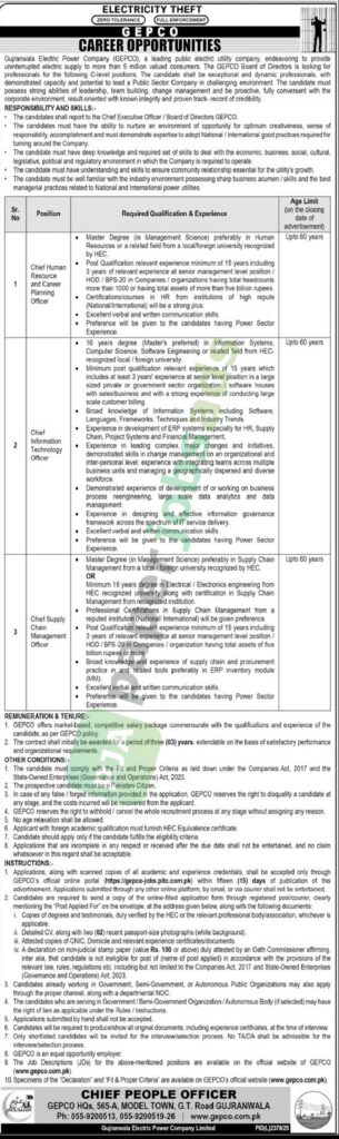 Chief HR & Career Planning Officer / Chief IT Officer / Chief Supply Chain Management Officer - Gujranwala Electric Power Company (GEPCO)