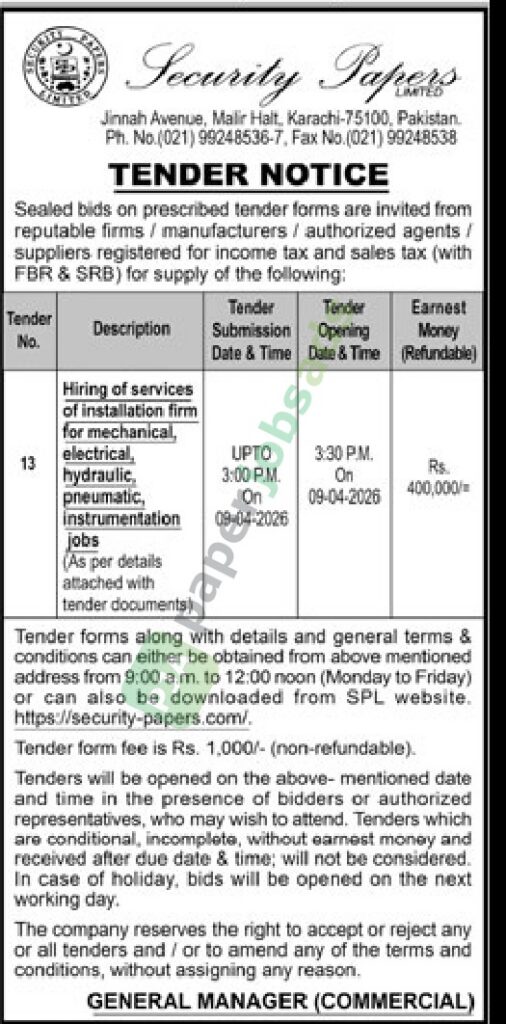 Hiring of services of installation firm for mechanical, electrical, hydraulic, pneumatic instrumentation jobs - Security Papers