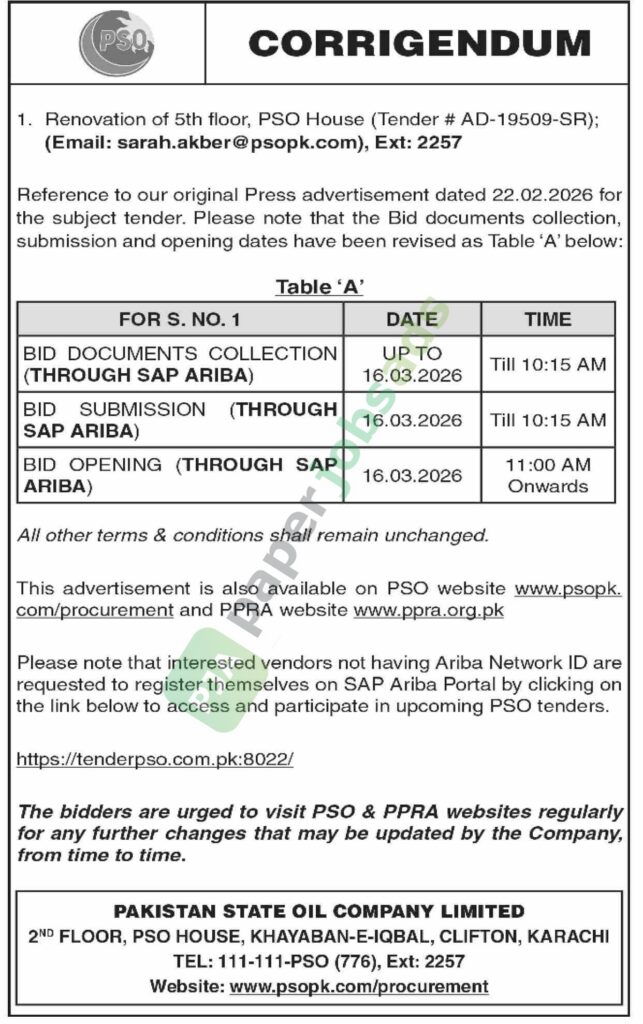 CORRIGENDUM - Renovation of 5th floor, PSO House - PSO