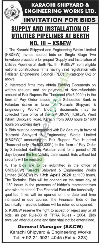 Supply And Installation of Utilities Pipelines - Karachi Shipyard & Engineering Works Limited