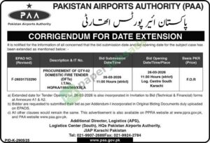 Date Extension - Procurement of QTY-02 Domestic Fire Tender - PAKISTAN AIRPORTS AUTHORITY (PAA)