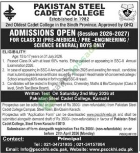 Session 2026-2027 - Class XI - Pakistan Steel Cadet College