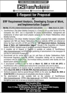 ERP Requirement Analysis, Developing the scope of work, and Implementation Support - TransPeshawar