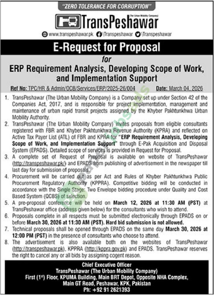 ERP Requirement Analysis, Developing the scope of work, and Implementation Support - TransPeshawar