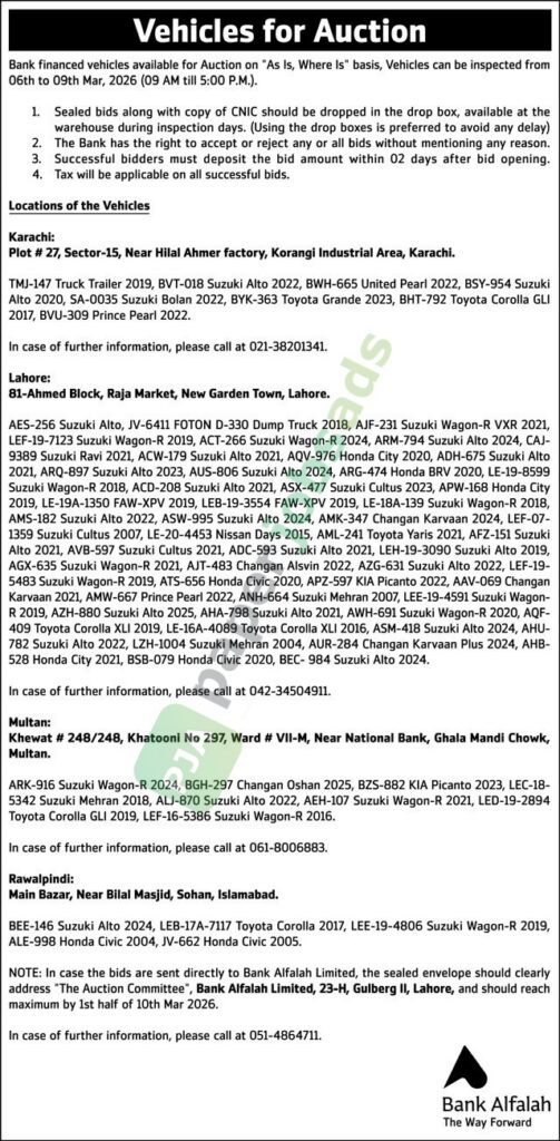 Bank financed vehicles available for Auction - BANK ALFALAH LIMITED