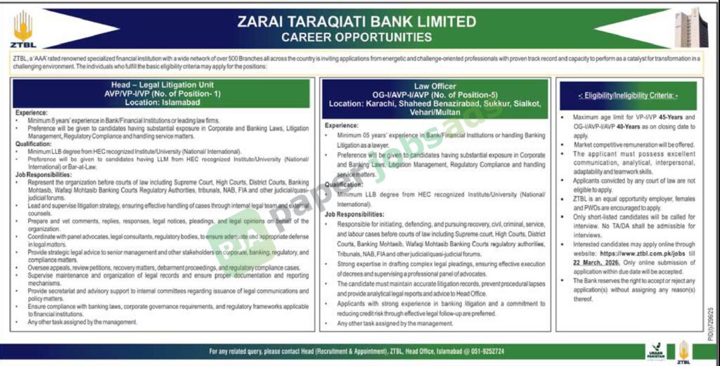 Head Legal Litigation Unit / Law Officer - ZARAI TARAQIATI BANK LIMITED