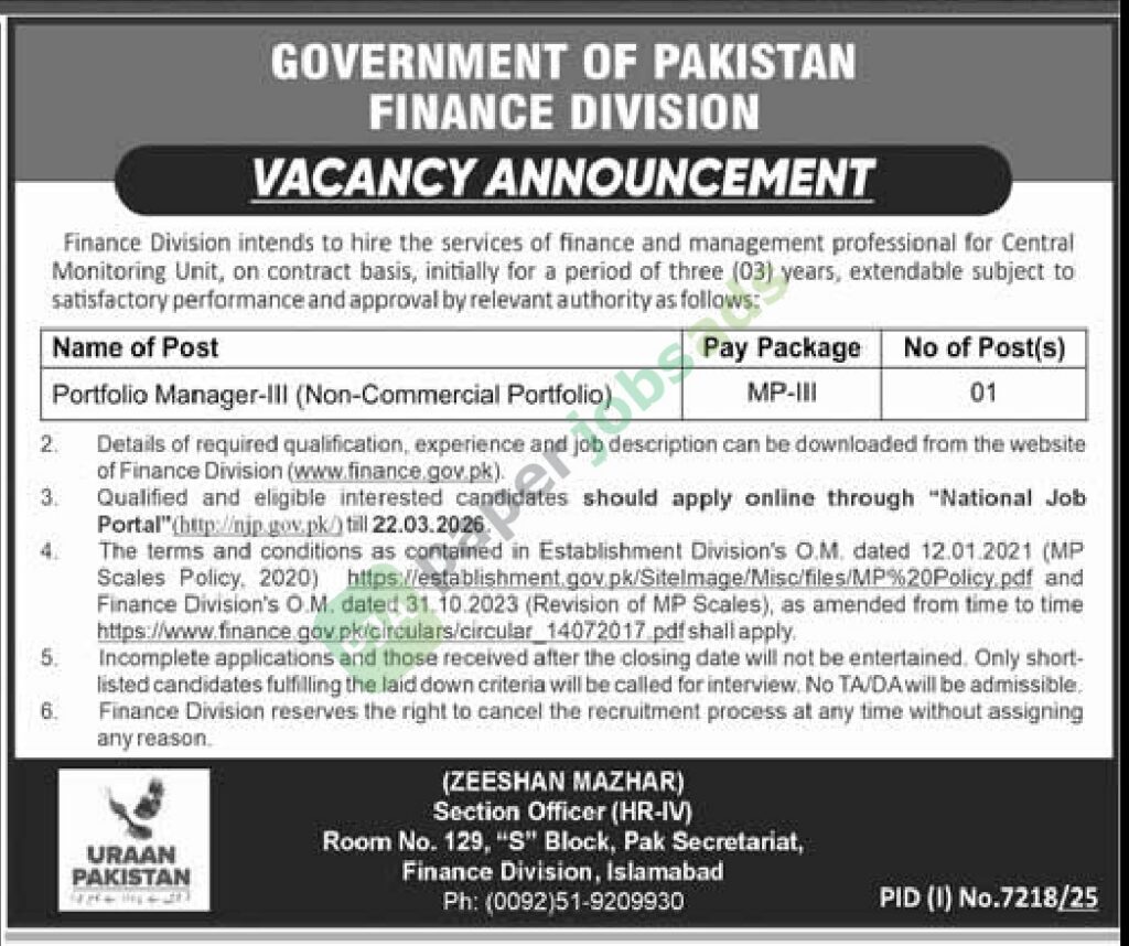 Portfolio Manager-III - Finance Department