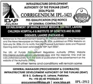 Corrigendum IPL-1423 - Establishment of Nawaz Sharif Medical District - Infrastructure Development Authority of the Punjab (IDAP)