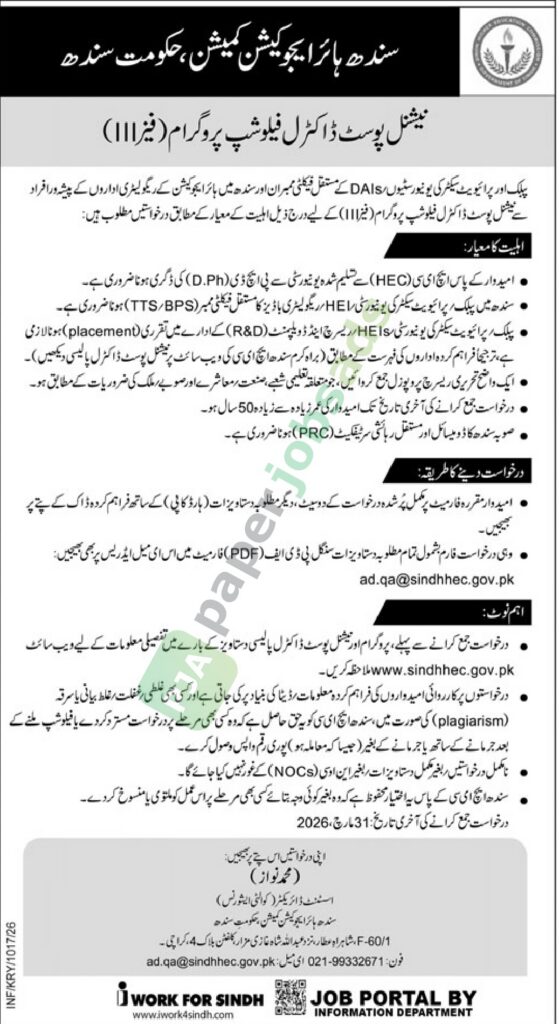 National Post-Doctoral Fellowship Program (Phase III) - Sindh Higher Education Commission