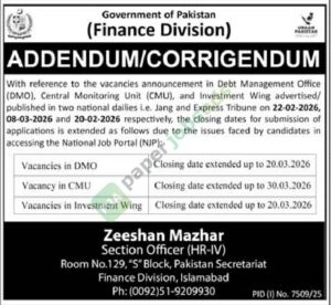 Addendum / Corrigendum - Vacancies in DMO / CMU / Investment Wing - Finance Department