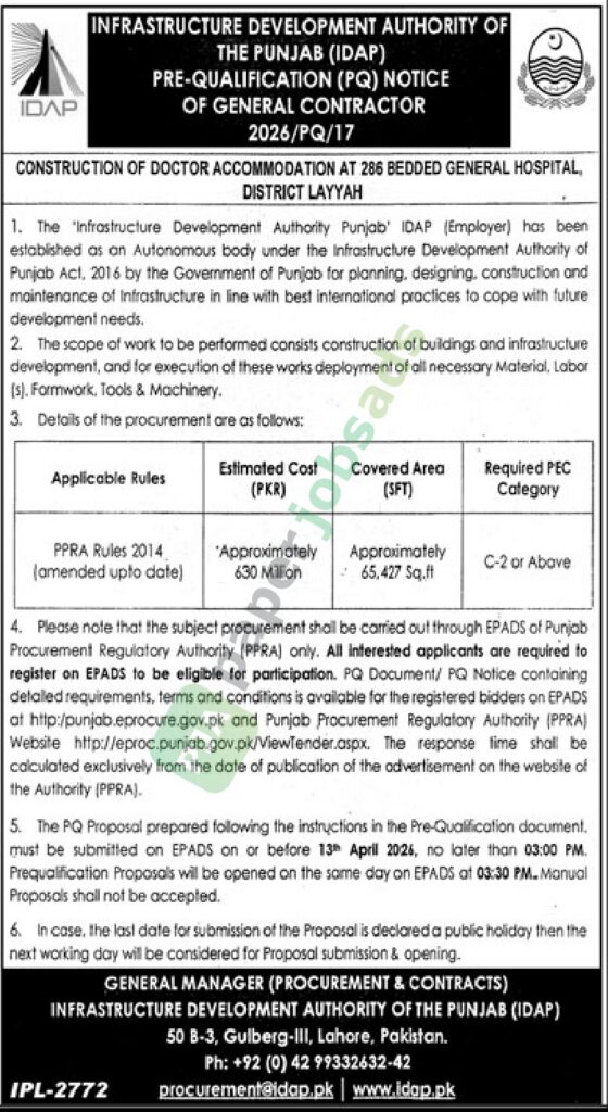 Construction of Doctor Accomodation - Infrastructure Development Authority of the Punjab (IDAP)